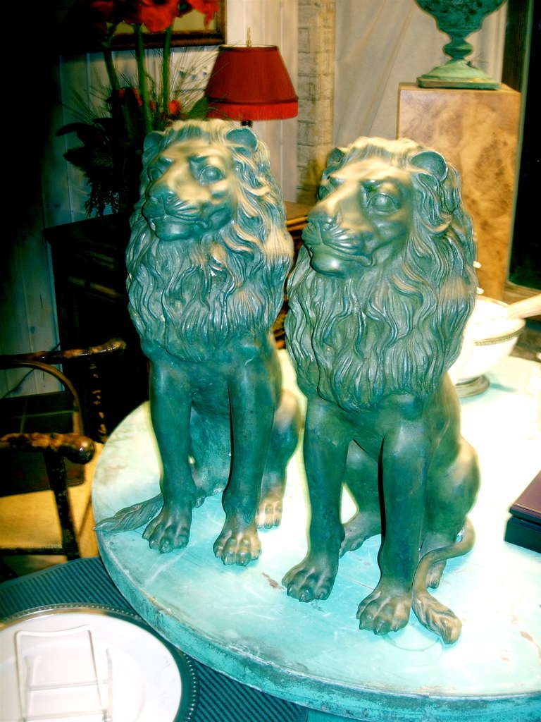 One Pair Very Stately Metal Lions With A Very Nice Verde Patina