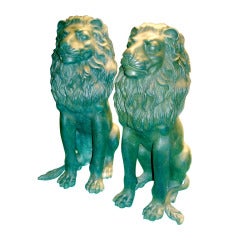 Pair of Metal Lions with Verde Patina