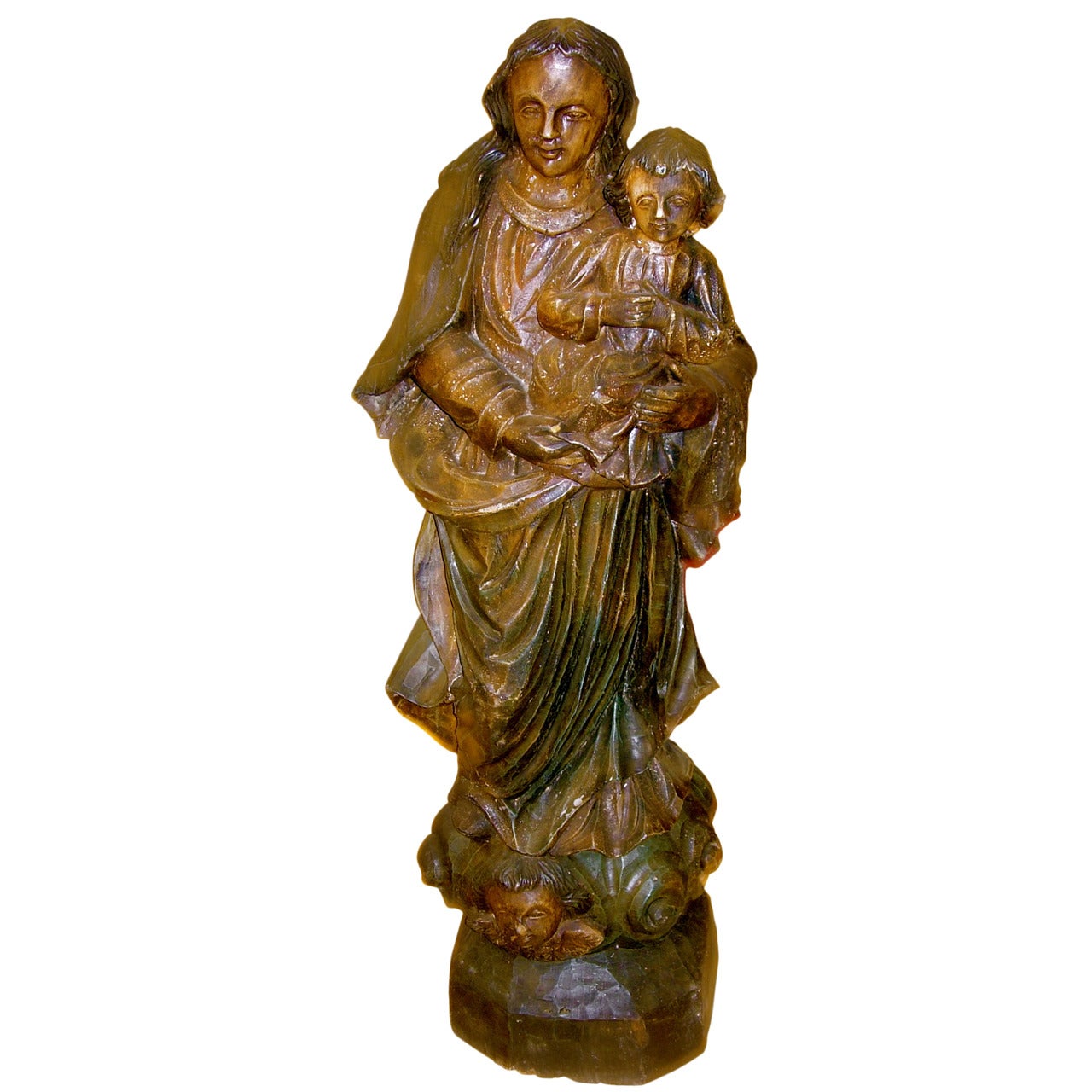 Groupe italien du 19ème siècle en bois sculpté représentant une mère et son enfant
