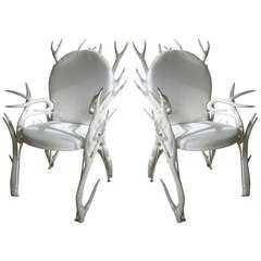 Pair of Faux Antler Armchairs of Carved Wood 4