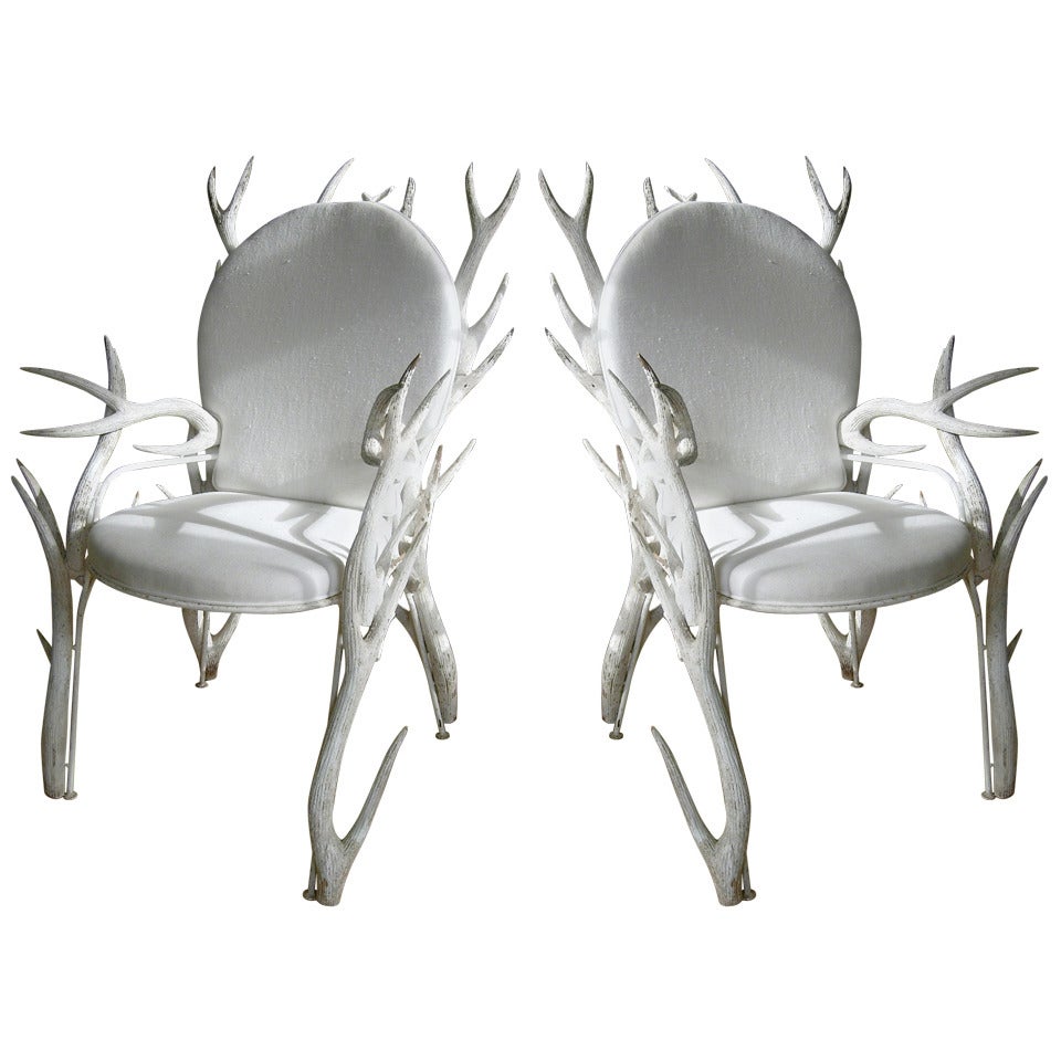 Pair of Faux Antler Armchairs of Carved Wood For Sale