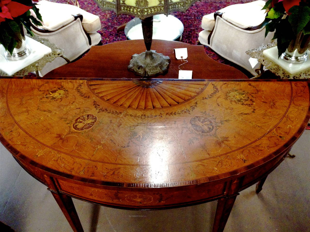 Adam Style Spectacular 19th Century Adams Style Satinwood Inlaid Demilune Table