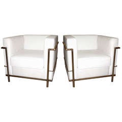 Pair of White Leather Club Chairs in the Style of Le Corbusier
