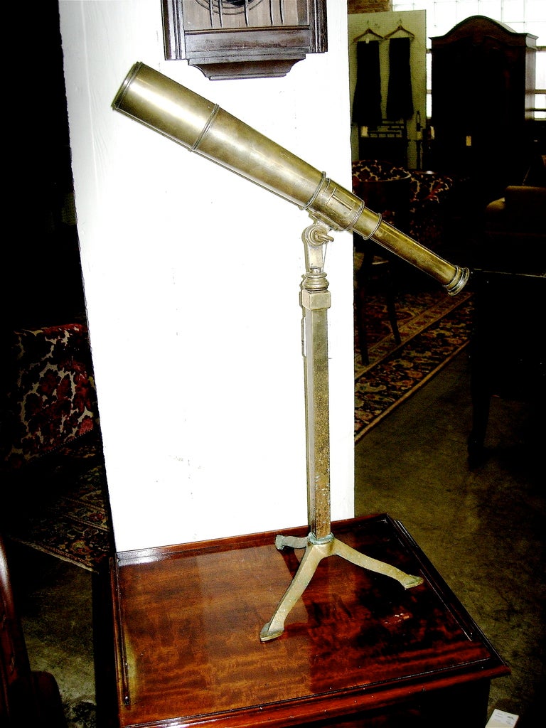 19TH CENTURY ENGLISH BRASS TELESCOPE ON STAND SIGNED TT & H LTD. FOR TAYLOR, TAYLOR AND HOBSON.  LOVELY OLD PATINA AND COLOR