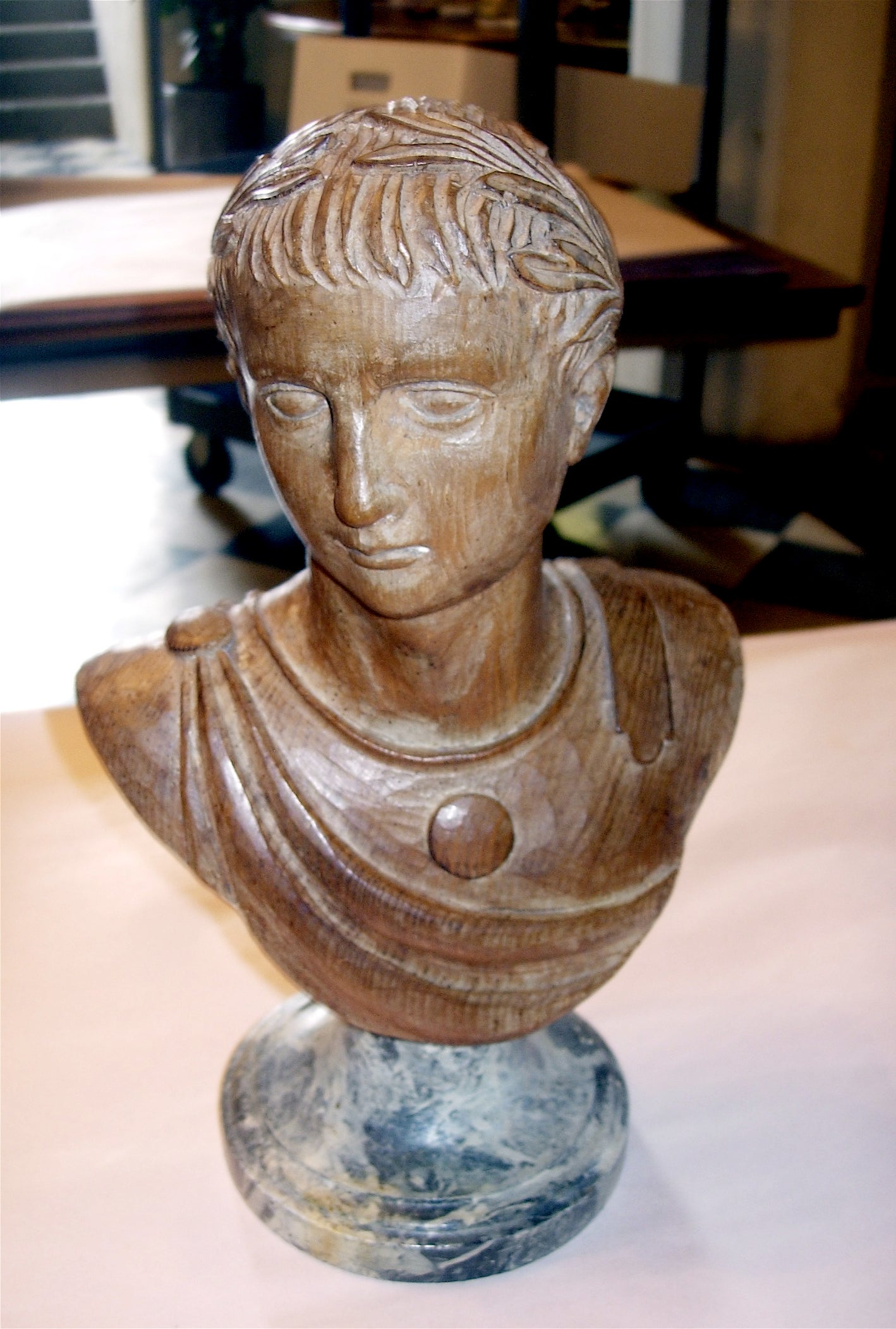 19th Century Italian Carved Wood Bust On Faux Marble Base.