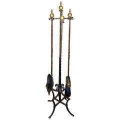 Antique English Hand-Forged Iron and Bronze Fireplace Tool Set with Old Patina