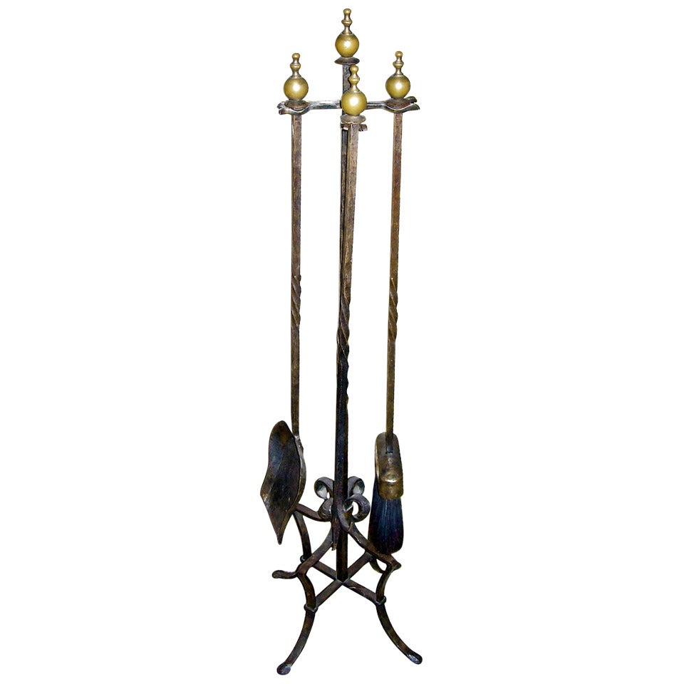 English Hand-Forged Iron and Bronze Fireplace Tool Set with Old Patina