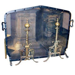 English Hand-Forged Iron Fire Screen with Pair of Bronze Andirons