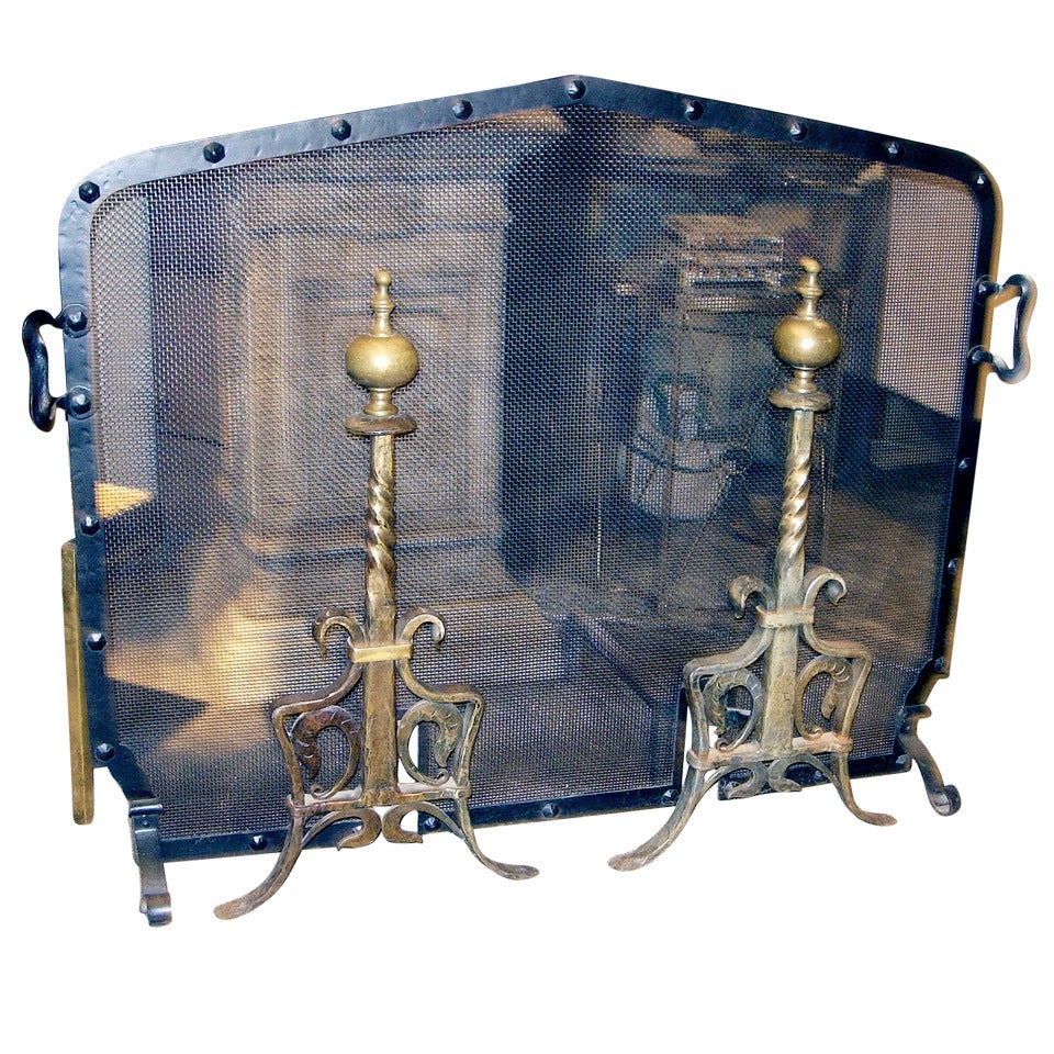 English Hand-Forged Iron Fire Screen with Pair of Bronze Andirons