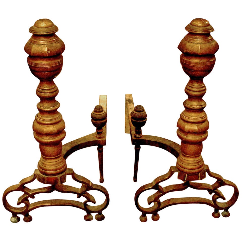 Pair of English Bronze and Iron Andirons, Old Mellow Patina For Sale