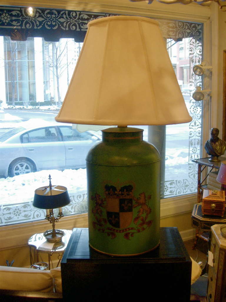 English tole tea canister mounted as lamp.  Great color.