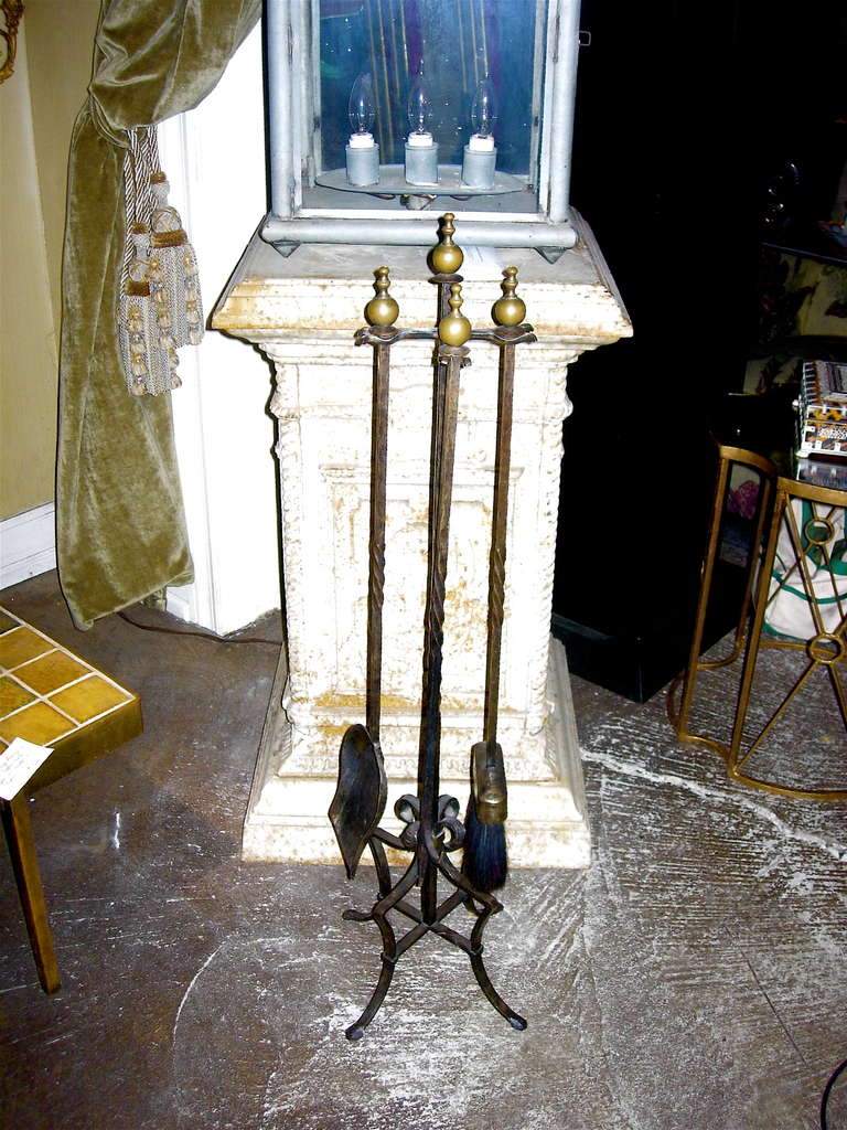 English hand-forged iron and bronze fireplace tool set, lovely old patina.