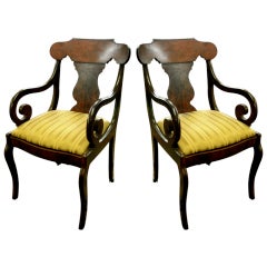 One Pair Of Empire Highly Figured Mahogany Arm Chairs.