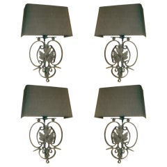 Set Of Four Patinated Iron Sconces With Linen Shades