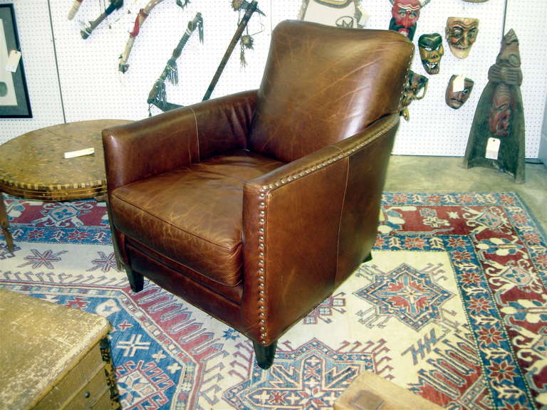 One Pair Of Vintage Deco Leather Chairs With Nail Head Trim.