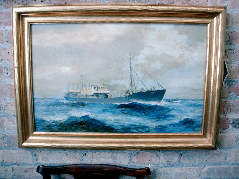 Handsome 19th century American seascape of commercial ship in giltwood frame, oil on canvas, signed lower left, Alvaro Acores (1868-1950.).