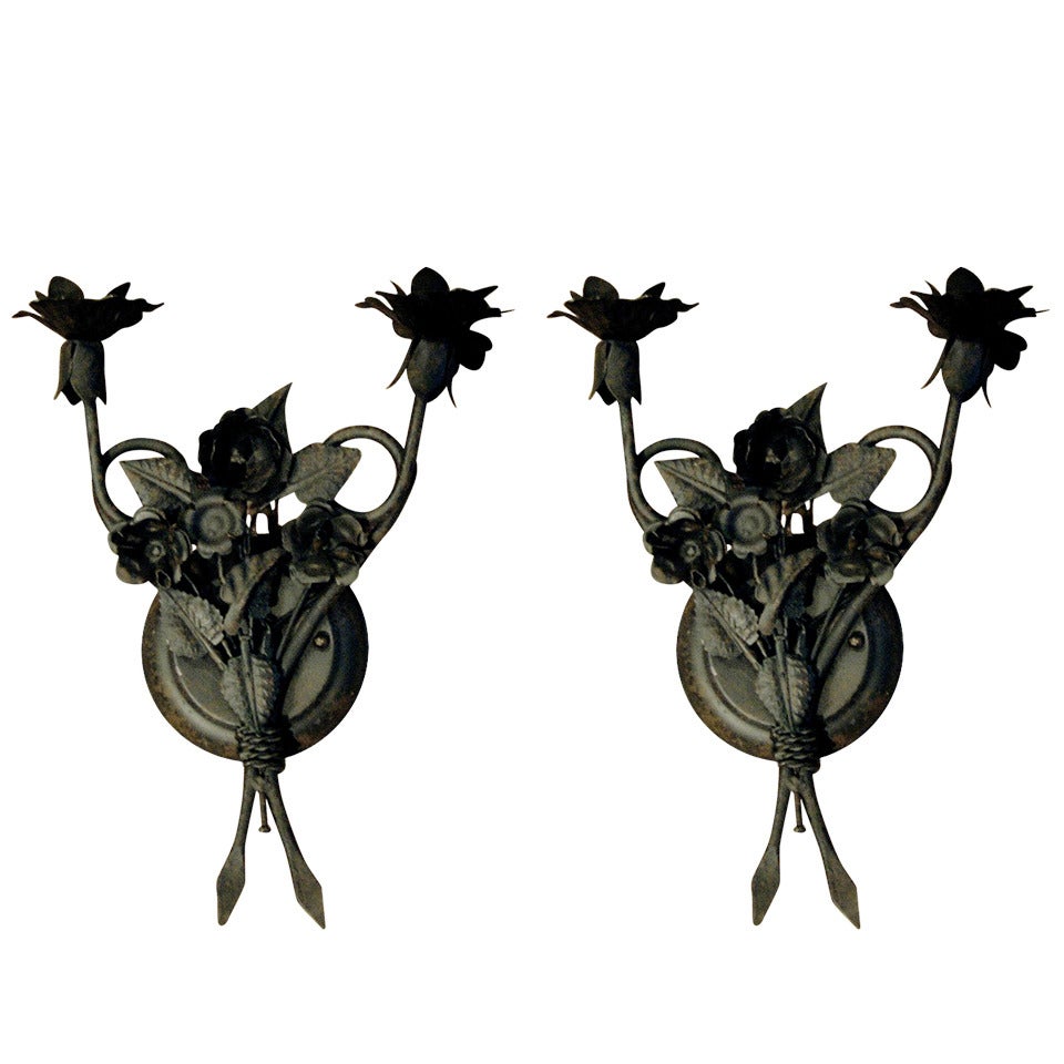 One Pair of French Tole Two-Arm Sconces For Sale