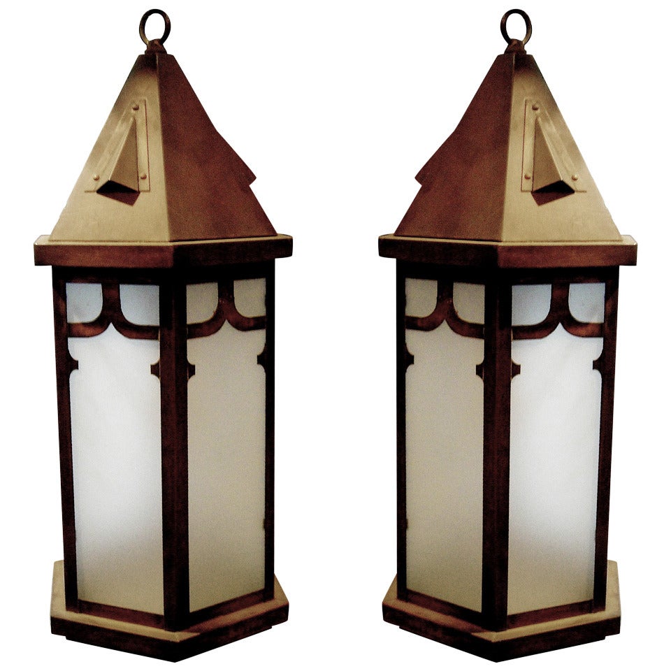 One Pair of English Bronze and Frosted Glass Hanging Lanterns, Electrified For Sale