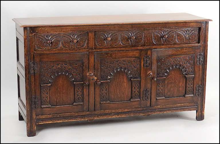 Handsome Carved Oak Jacobean Style Oak Sideboard, Great Old Color And