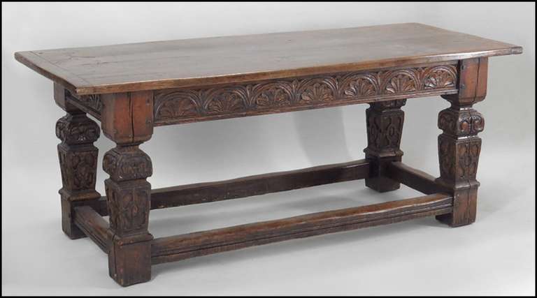 Very stately continental carved oak library or sofa table. Bearing a shell motif. Top comes off. Provenance: Tower Club, Chicago. Tower Club was the private club for major donors of the Lyric Opera.
