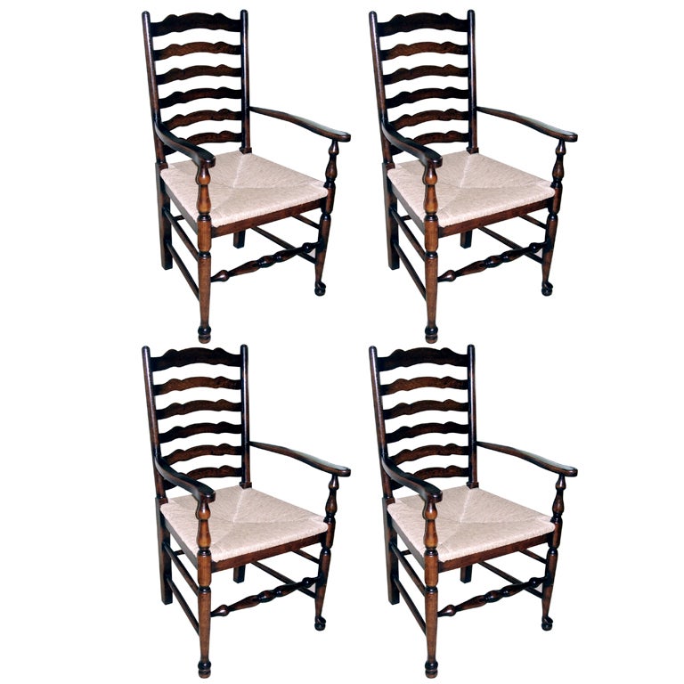 Four English Oak Ladder Back Armchairs. Very comfortable, great color and patina For Sale