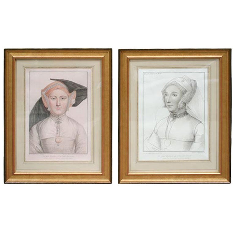 Ensemble de quatre gravures colorées à la main d'après Holbein en vente
