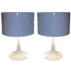 Vintage Pair of Saarinen Style White Enamel Table Lamps with Metal Shade