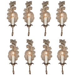 Set of Eight Single Arm Sconces with Carved Wood Back Plate