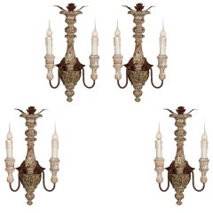 Set Of Six Italian Style Carved Wood And Iron Two Arm Sconces