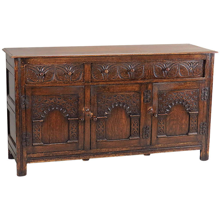 Handsome Carved Oak Jacobean Style Oak Sideboard, Great Old Color And