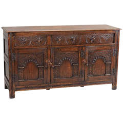 Handsome Carved Oak Jacobean Style Oak Sideboard, Great Old Color And Patina