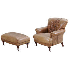 Handsome Leather Club Chair and Ottoman, Nice Old Color And Patina
