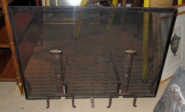 AMERICAN WROUGHT IRON AND BRONZE ANDIRONS AND FIRE SCREEN.