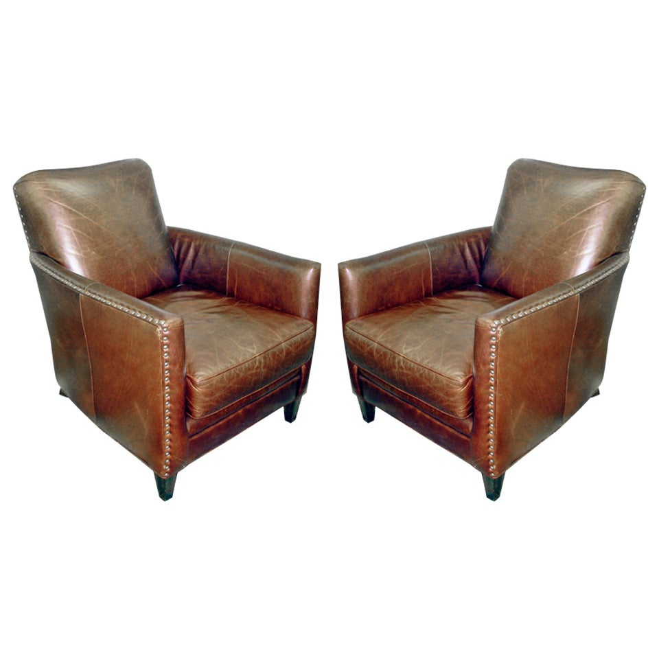 One Pair Of Vintage Deco Leather Chairs With Nail Head Trim.