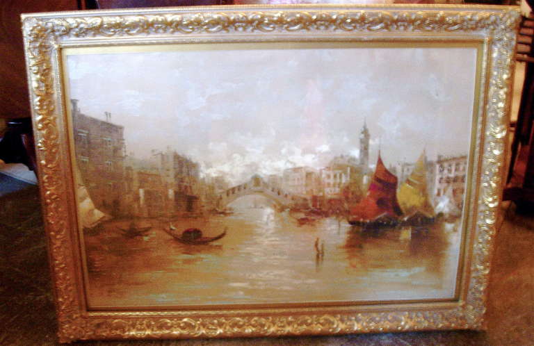 Franco Ruocco, oil on canvas, Venice canal scene in giltwood frame behind glass, beutifully done.