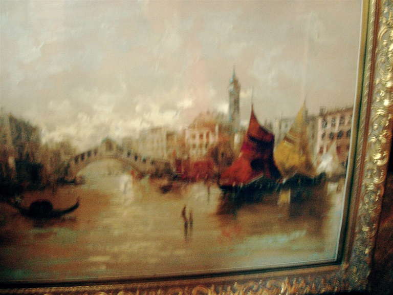 Italian Franco Ruocco Oil on Canvas of a Venice Canal Scene in Giltwood Frame  For Sale