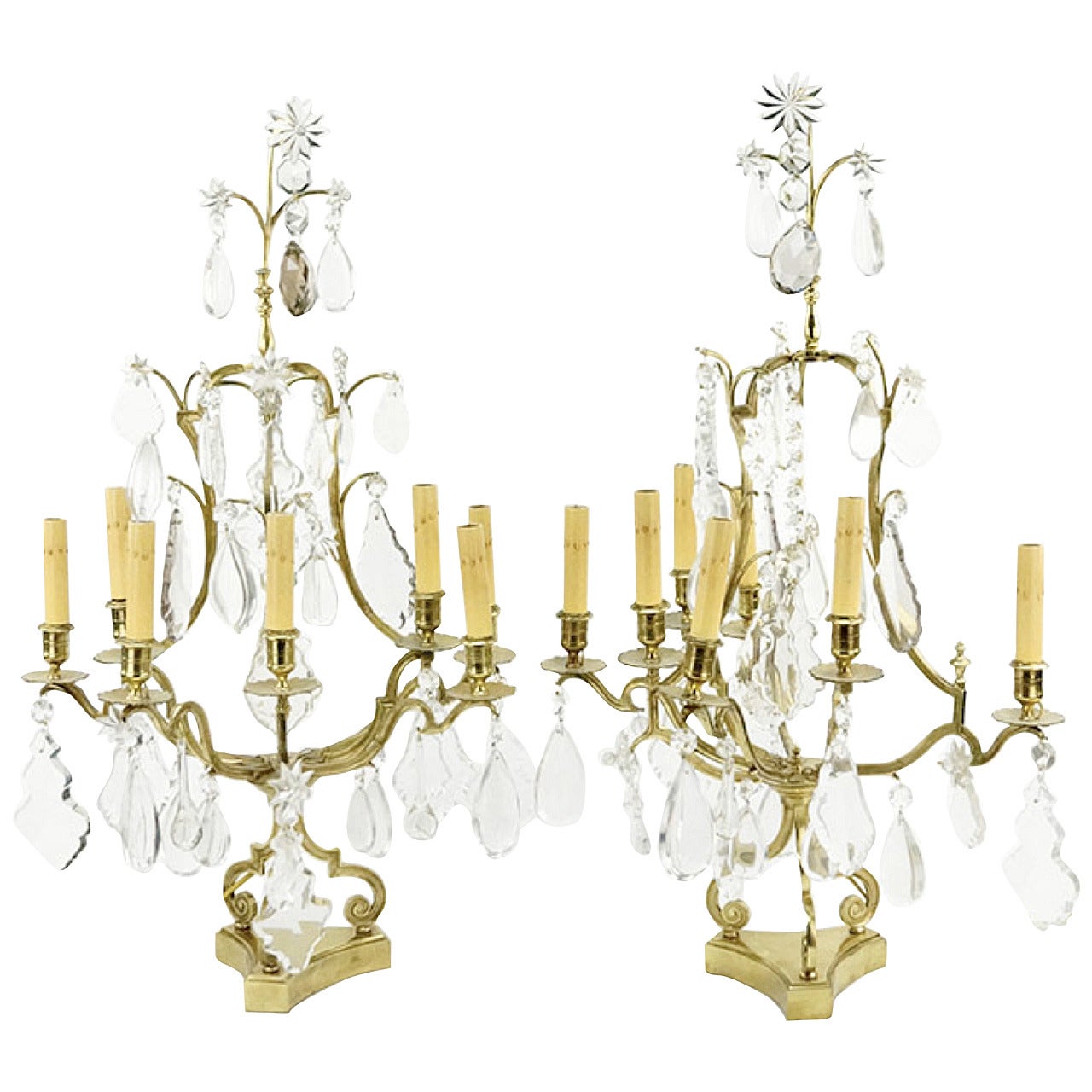Pair of Monumental Crystal, Rock Crystal and Brass Candelabras.  Great Scale For Sale