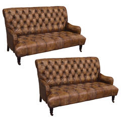 Pair of Tufted English Library Settees in Antiqued Leather 6