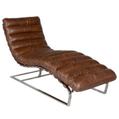 Leather and Stainless Chaise Longue in the Style of Milo Baughman