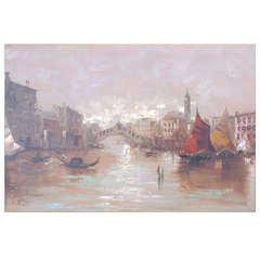 Franco Ruocco:: Italien:: 20e siècle Huile sur toile d'une scène d'eau à Venise
