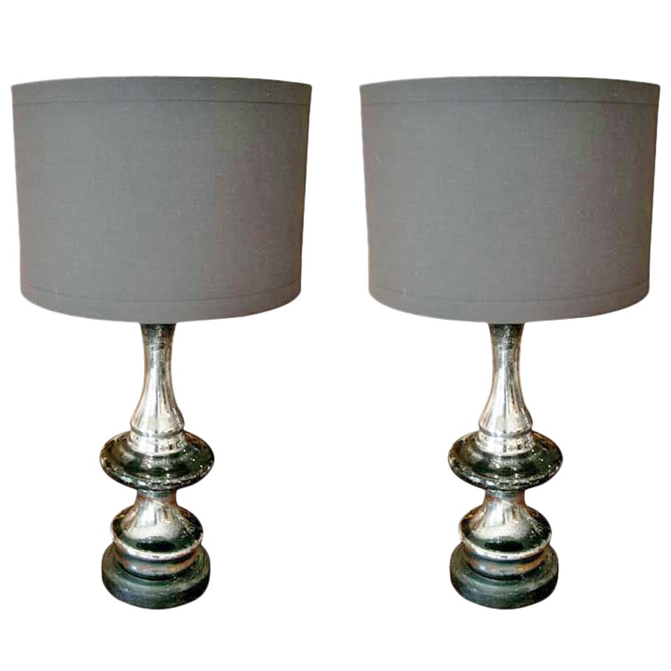 Pair of Mercury Glass Lamps with Linen Shades