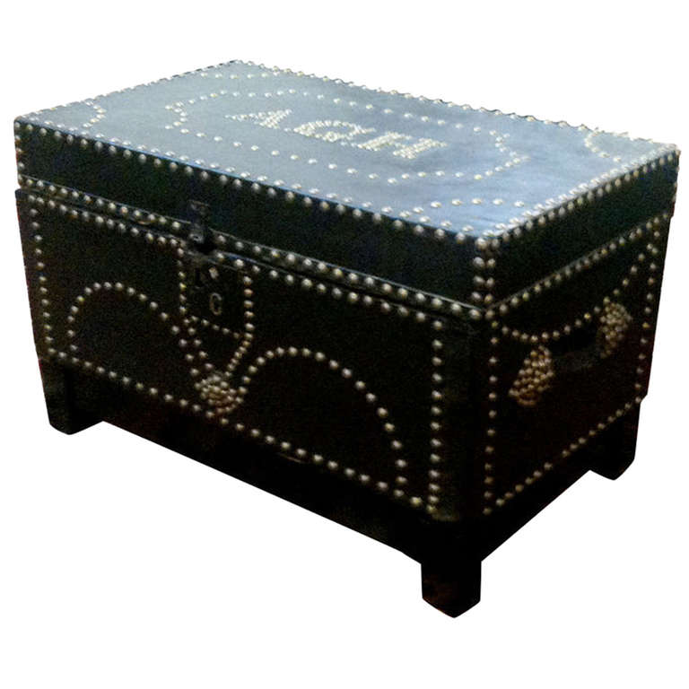 English Leather-Covered Chest with Nickel Nailhead Decoration For Sale