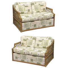 Pair of Rattan and Upholstered Settees in the Manner of McGuire 12