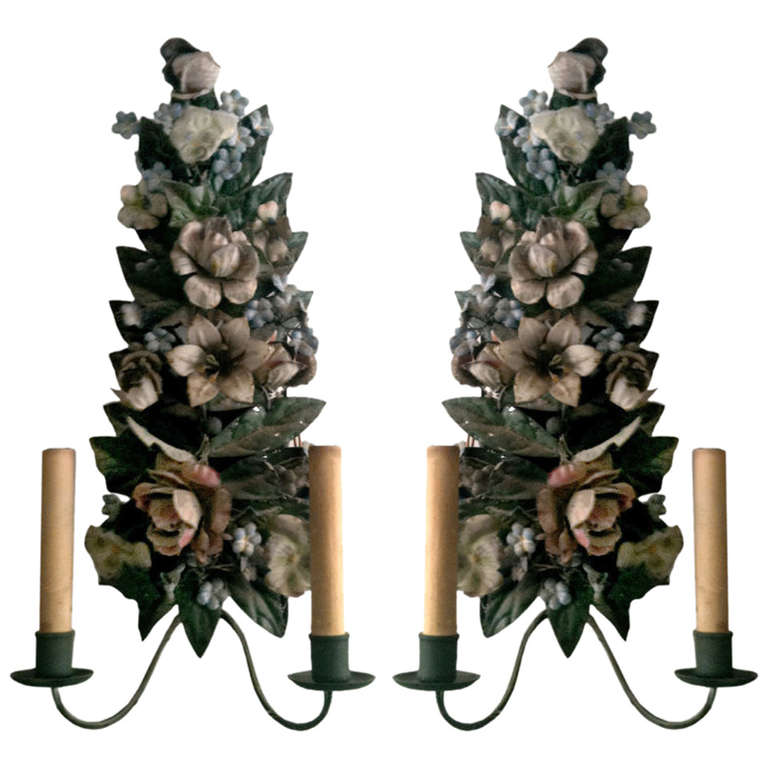 Charming Pair Of Tole Two Arm Sconces, Electrified For Sale