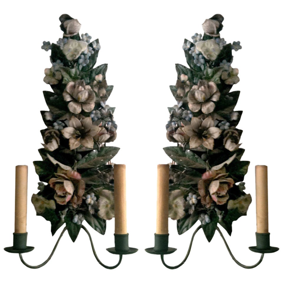 Charming Pair Of Tole Two Arm Sconces, Electrified