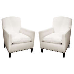 Pair of English Art Deco Style Club Chairs with Nailhead Detail 1