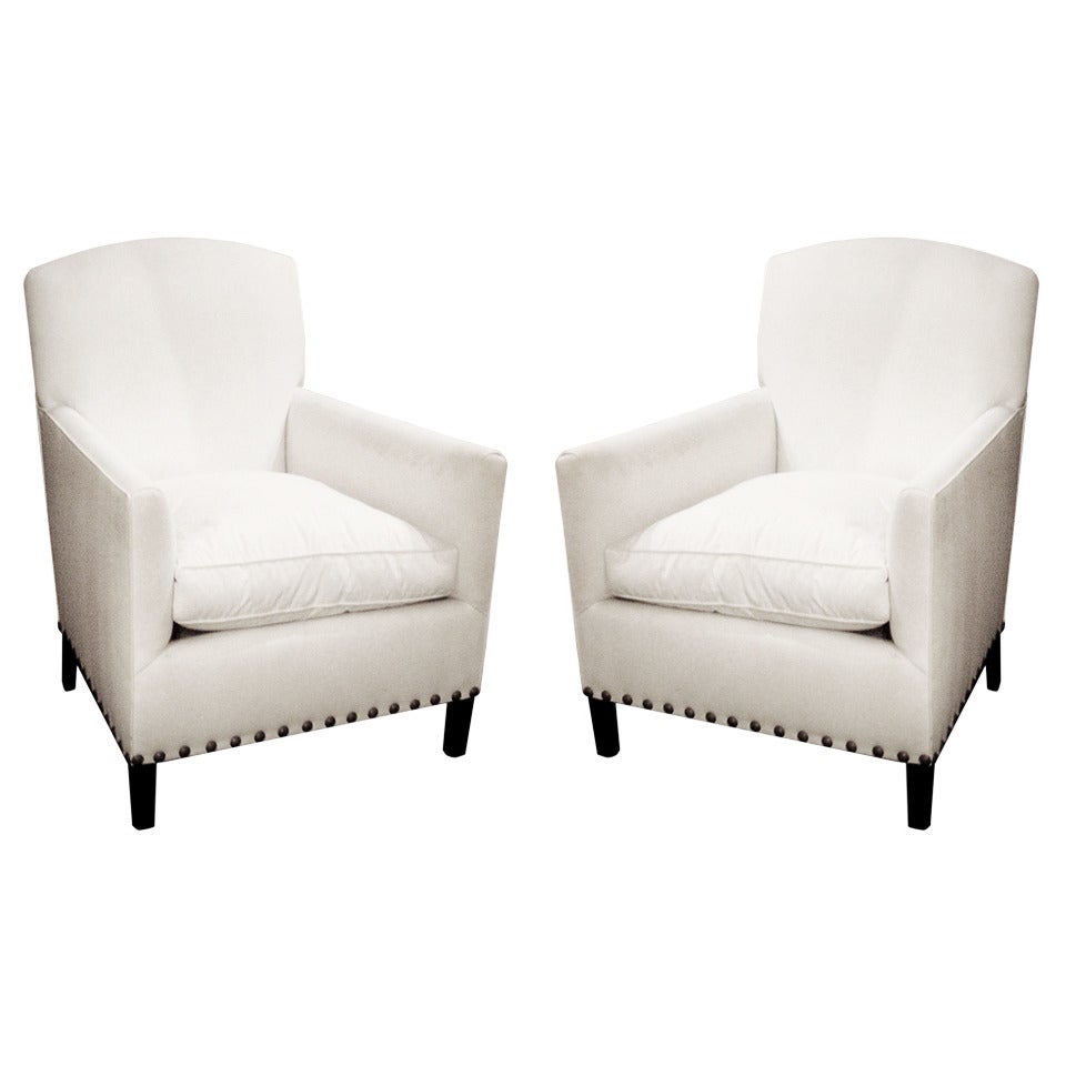 Pair of English Art Deco Style Club Chairs with Nailhead Detail For Sale