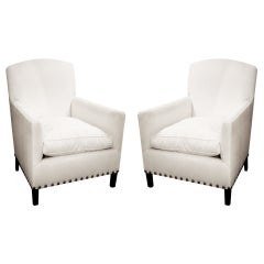 Pair of English Art Deco Style Club Chairs with Nailhead Detail