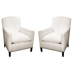 Pair of English Art Deco Style Club Chairs with Nailhead Detail