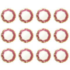 Set of 12 English Porcelain Dinner Plates with Vibrant Raspberry Border.